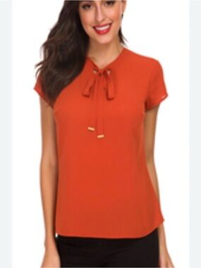 Tie-Neck Short Sleeve Blouse in Rust Orange